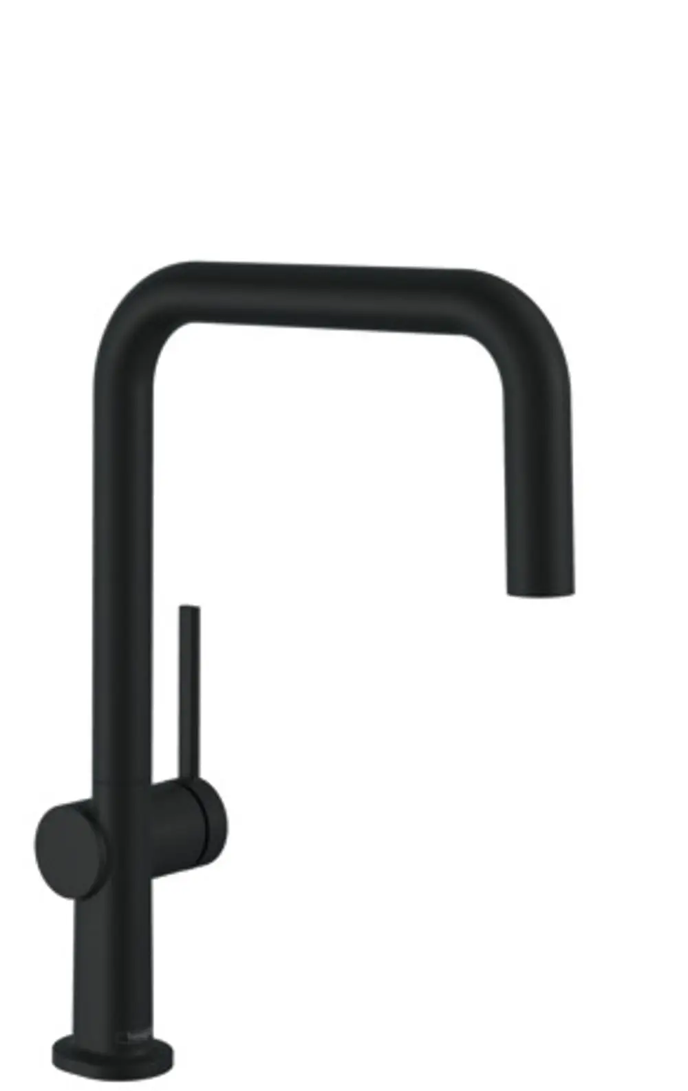 Schwarzer Spültischmischer mit gebogenem Auslauf und seitlichem Hebel. Funktionelles Design von Hansgrohe für moderne Küchen.